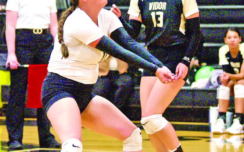Carlie Abbott gets the ball up after a Splendora Lady Wildcat serve in Tuesday’s bi-district playoff game in Anahuac.