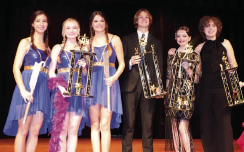 Senior competition winners from left to right: Bella Pruitt, Vanessa Davis and April Mahan, twirling trio, Andrew Fawcett won 1st place for his piano solo, Julia Borgeois won 3rd place for her vocal/piano solo and overall talent winner was Molly Cassell for her vocal/piano solo.