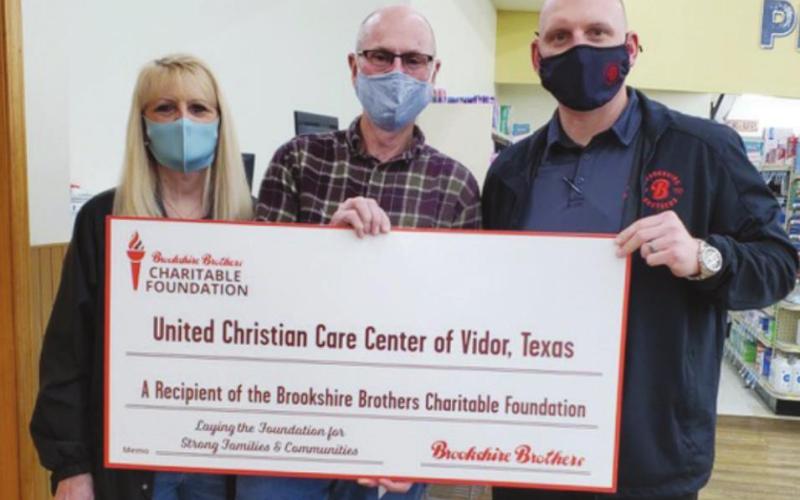 The Brookshire Brothers Charitable Foundation proudly presented a grant to United Christian Care Center on Friday, February 19, 2021. Pictured from left to right: Janis Cornett, Brookshire Brother assistant store director; Glenn Ledger, United Christian Care Center; and Robert Williamson, Brookshire Brothers store director.