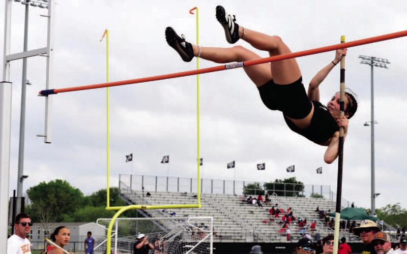 Jana Baters placed second in the pole vault at Thursday’s meet. District meet will be held at WOS next week. Photo by Randall Luker