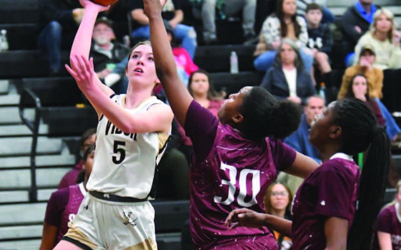 Hadley Jackson shoots from the outside in Friday’s home game versus Silsbee.