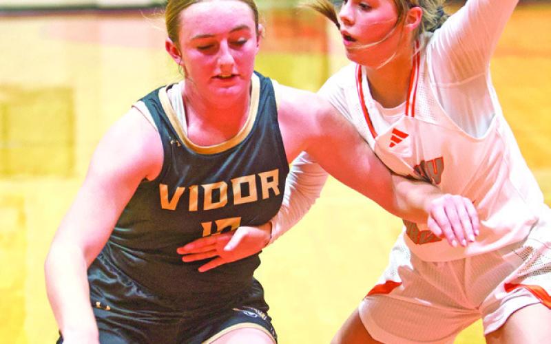 Out of my way Senior guard Natalie Morrison fends off an Orangefield defender as she moves in for a shot in Tuesday’s 33-32 win over the Lady Bobcats.