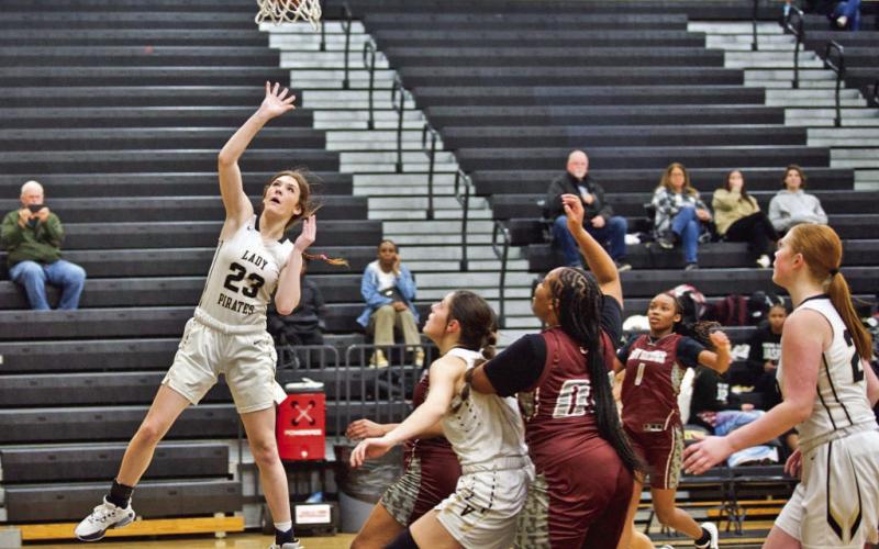 Jayne Swearingen, sinks a shot in the Lady Pirate junior varsity game with Jasper Tuesday. The Lady PJrates won the game 35-9.