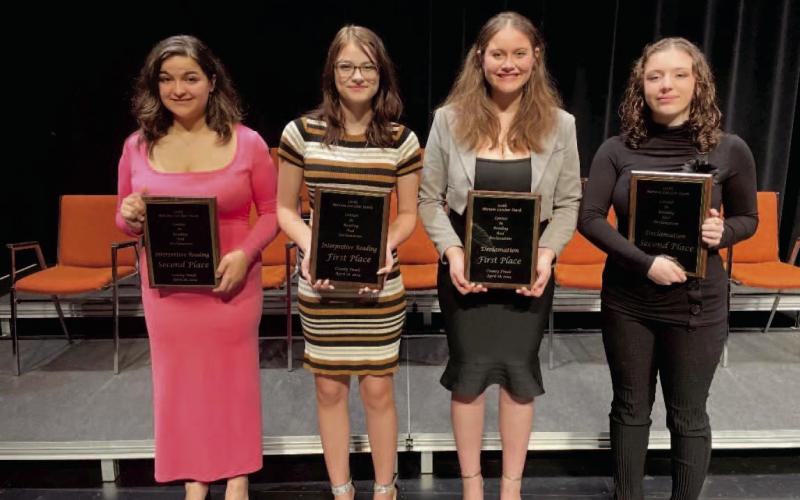 Left to right: Winners of the 120th Stark Reading Contest in 2024: Catalina Lawley, Orangefield High School, Marianna Gonzales, West-Orange Stark High School, Elyse Walker, Vidor High School, Hannah Edwards, Bridge City High School