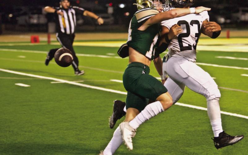 Pirate receiver Jayden Jones watches the ball fall as a Bear defender draws an interference call .