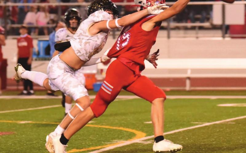 Dayton Whimire gets his hand in to break up a Raider pass Friday.
