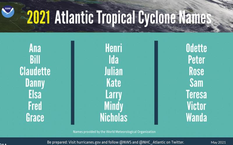 A summary graphic showing an alphabetical list of the 2021 Atlantic tropical cyclone names as selected by the World Meteorological Organization. The first named storm of the season. The official start of the Atlantic hurricane season is June 1 and runs through November 30. (NOAA)