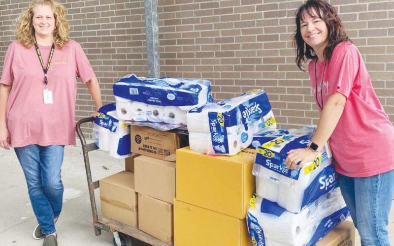 Vidor ISD teachers Holly Pruitt and Mary Majors represented the Vidor ISD at the Southeast Texas Food Bank’s School Tools Teacher Drive-Thru giveaway on Saturday and came back with this haul of goodies!!!