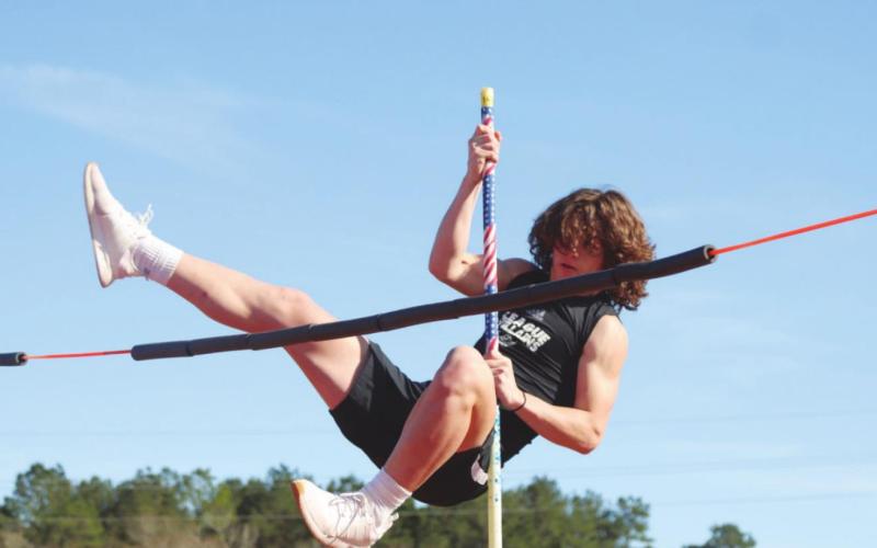 VHS sophomore Wyatt Flores competed in the pole vault event Thursday. Photo by Joshua Patterson