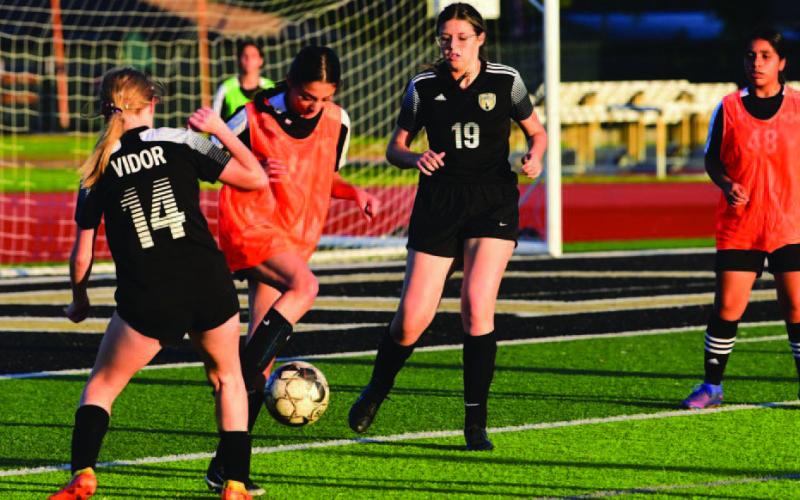 Lady Pirate Kloe Lindsey, #14, scored three goals for Vidor and Aubri Fraser, #19, scored another for the Lady Pirates in their 4-0 win over Central Middle School.