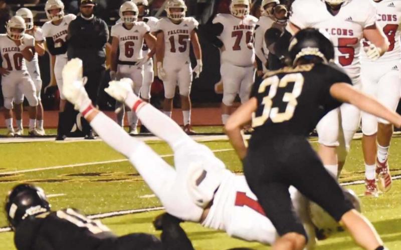 Ty Vincent and Connot McKay upend the Falcon QB as he tries to run right.