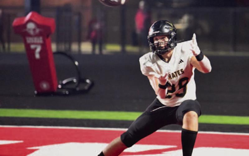 Brody Stankovich pulled in this Jett Brucia pass for a successful two-point conversion in Friday’s district bout with Bridge City.