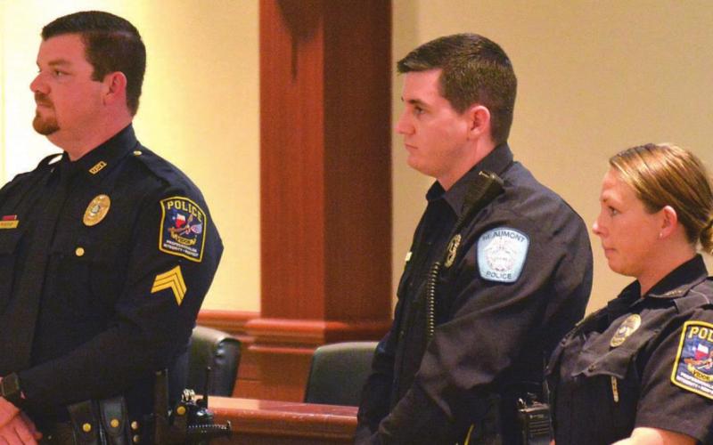 These three officers were honored with Lifesaving Awards Tuesday at Vidor City Hall for reviving a Vidor resident in December. Shown left to right are Sgt. Tom Meadows, Officer Dakota Gaines and Officer Brittany Haley. Photo by Randall Luker