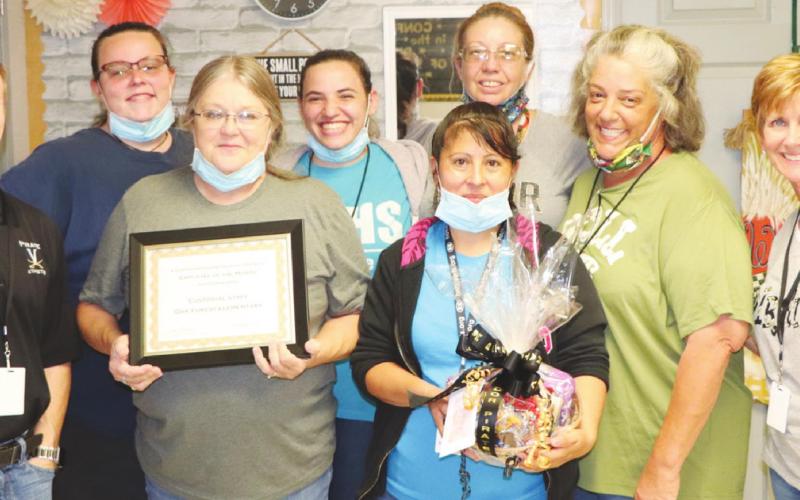 Oak Forest custodial staff, named VISD Employees of the Month, are pictured with Dr. Jay Killgo, Superintendent of Schools, and Oak Forest principal Carolyn Wedgeworth, right. They are Brittany Hawk, Head Custodian Sherry Peddy, Emily Lewis, Amalia Cabrera, Rhonda Wales, and Christine Jones.