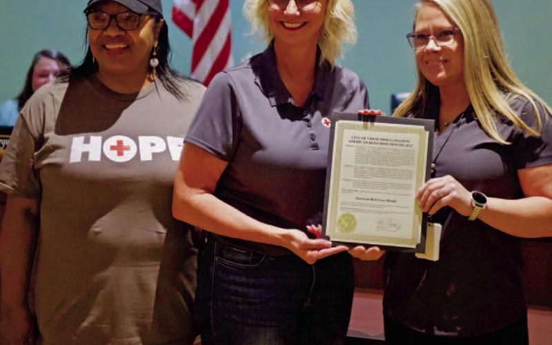 Accepting the City of Vidor’s proclamation on behalf of the American Red Cross were, left to right, Toni Manuel, volunteer, Kimberly Cline, Executive Director of the Southeast Deep East Chapter, and Vidor Mayor Misty Songe.