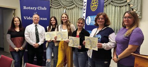 Rotary Club of Vidor Texas recognized the Vidor High School November Students of the Month at a luncheon today. Pictured are: Rotary President Angela Bryant, Vidor ISD Superintendent Dr. Jay Killgo, freshman Allie Williams, senior Reagan LaPray, junior Hope Dilley, sophomore Madalen Beasley, and Rotary President-Elect April Garcia.. Courtesy Photo VISD