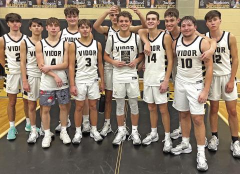 Vidor junior Bryce Loftin scored the 1,000th basket of his high school career in Tuesday night’s 64-27 win over Sabine Pass in Pirate Gym. Leading scorers were Bryce Loftin with 22 points, Brayden Root with 8 points and 8 rebounds, and Jose Guerrero-Evans with 7 points and 5 assists. Loftin was recognized with a plaque marking his accomplishment.