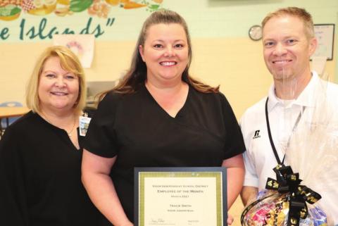 Tracie Smith, pictured with Director of Child Nutrition, Mary Ellen Vivrett and Dr. Jay Killgo, Superintendent of Schools