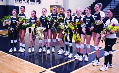 The Vidor Lady Pirates Volleyball team celebrated Senior Night Tuesday with flowers, gift baskets and a look back at their fondest memories and good times in the volleyball program. Seniors pictured are: Kaylar Holden, Madison Jones, Keira McCurley, Natalie Morrison, Mallory Guilott, Laikyn Brodnax, Hannah Bienvenu, Jaelyn Justice, Madison Powell, Raegan Stephenson and Carlie Abbot.