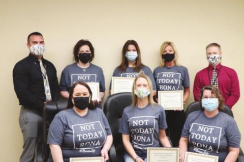 Vidor ISD school nurses were nominated by Assistant Superintendent for Human Resources Dr. Travis Maines, back left, as Employees of the Month for VISD. They were recognized by Superintendent of Schools Dr. Jay Killgo, back left. Nurses are back row left to right: Teaka Snell (VHS), Regina Peddy (VJHS), and Sharla Cormier (VMS), and front row left to right: Theresa Willis (VE), Jennifer Stanley (OF) and Sandee White (PF).
