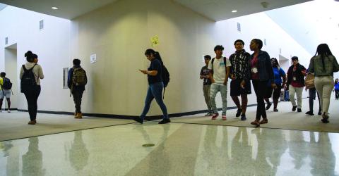 High school students walk to an after-school science tutorial that provides additional support for students taking the STAAR test at Elsik 9th Grade Center on April 19, 2018. Credit: Pu Ying Huang for The Texas Tribune