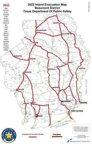 2022 Inland Evacuation Map Beaumont District Texas Department Of Public Safety