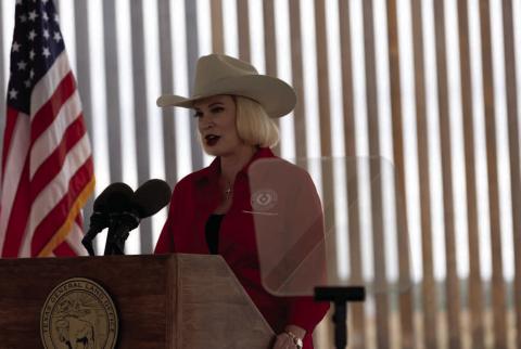 Land Commissioner Dawn Buckingham speaks at a news conference held at a state-acquired ranch in Rio Grande City on Tuesday. Buckingham promised Texas would provide the incoming Trump administration more land to stage mass deportations. Credit: Eddie Gaspar/The Texas Tribune