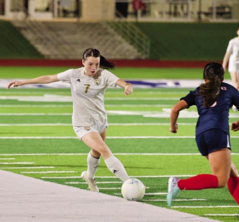 Chloe Post works the sideline before passing in Mondays away game at Hardin-Jefferson.