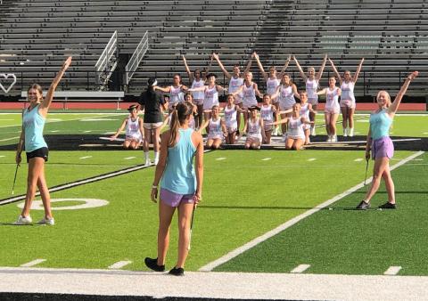 The Vidor High School twirlers and Brigadettes, were practicing at Croak Field Monday afternoon in preparation for the 2022 season opening versus Silsbee Friday at Pirate Stadium. Photo by Randall Luker