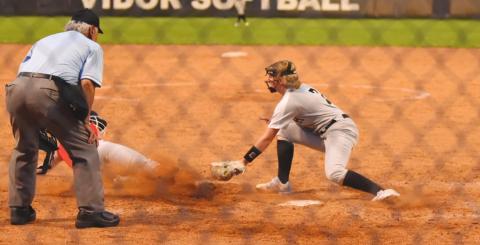 Natalie Morrison stops the steal at home plate in Friday’s home game versus the Lady Cardinals.