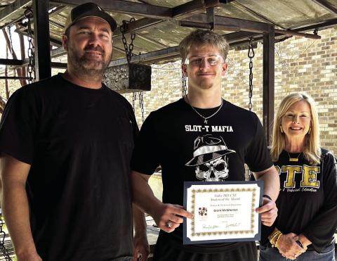 Congratulations to VHS senior Grant McWherter for being named the CTE Student of the Month. Grant was nominated for showing leadership in his Building Trades and CCMR CTE classes. Pictured is Building Trades Teacher Eric Hartmen Grant , &amp; CTE Director Penny Singleton