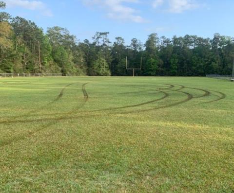 The VPIFA football field on South Main was damaged by trespassers riding ATV’s onto the field over the weekend. Photo by Randall Luker