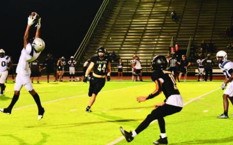 Bryce Dubose, #11, was in the right place at the right time to pick off this overthrown ball in Thursday’s scrimmage with the WOS Mustangs. Photo by Randall Luker