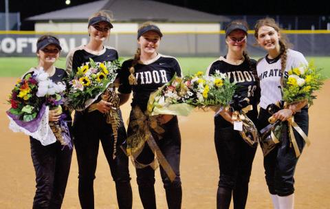 Lady Pirate Softball recognized their seniors Tuesday with a post-game ceremony. This year’s seniors are: Keira McCurley, Mallory Guilott, Natalie Morrison, Carlie Abbott, and Olivia Aery.