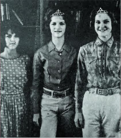 October 29, 1963 FROM THE COURT OF JUNIOR HIGH WESTERN DAY FESTIVITIES are (l to r) Jenny Giblin, seventh grade princess; Queen Rhonda Frederick, ninth grade; and Gloria Williams, eighth- grade princess. Western Day Activities were held last Thursday and the coronation of the queen climaxed the day’s events.
