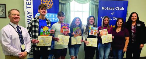 The Rotary Club of Vidor recognized the September Vidor High School Students of the Month at Their Monday luncheon. Each student received a certificate and a book that is placed on the Rotary Green Bus in their honor. Pictured: Dr. Jay Killgo, Branson Healy (junior), Jose Guerrero-Evans (sophomore), Alexus Holcomb (sophomore), Marissa Majors (senior), Kenzie Hodges (freshman), Angela Bryant (Rotary president), and Dr. Malveaux (VHS assistant principal). Courtesy photo