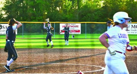 Lady Pirate Eryn Barraza gets under an infield pop up as the batter heads toward first.during Monday’s seeding game versus Lumberton. Photos by Randall Luker