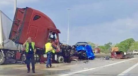 A Louisiana woman was killed when her vehicle crashed into this jacknifed 18 wheeler on IH-10 Monday. Courtesy Photo