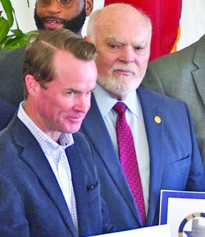 Texas Speaker of the House Dade Phelan, left, and State Senator Robert Nichols, right, were lauded Monday in Orange for their efforts to to secure $66 million in historic state funding for port infrastructure improvements for the four ports in the Golden Triangle.