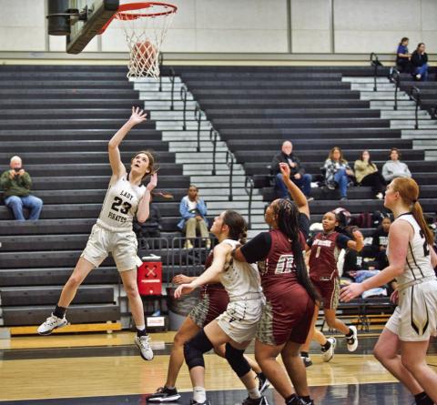 Jayne Swearingen, sinks a shot in the Lady Pirate junior varsity game with Jasper Tuesday. The Lady PJrates won the game 35-9.