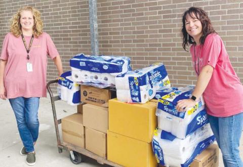 Vidor ISD teachers Holly Pruitt and Mary Majors represented the Vidor ISD at the Southeast Texas Food Bank’s School Tools Teacher Drive-Thru giveaway on Saturday and came back with this haul of goodies!!!