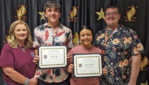 Congratulations to the May Career & Technical Education Students of the Month Braden Tappe and Katelyn Villafano. Katelyn is in two CTE Programs of Study which are Health Science and Agriculture. Braden is in the two CTE programs of Business and Agriculture. Best of luck to these two outstanding graduates. Pictured is CTE Director Penny Singleton, Braden Tappe, Katelyn Villafano, and Ag Teacher Tyler Root.