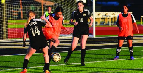 Lady Pirate Kloe Lindsey, #14, scored three goals for Vidor and Aubri Fraser, #19, scored another for the Lady Pirates in their 4-0 win over Central Middle School.