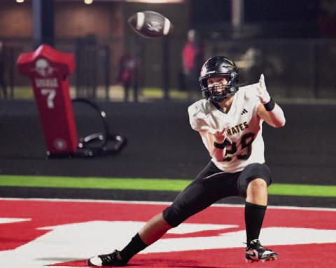 Brody Stankovich pulled in this Jett Brucia pass for a successful two-point conversion in Friday’s district bout with Bridge City.