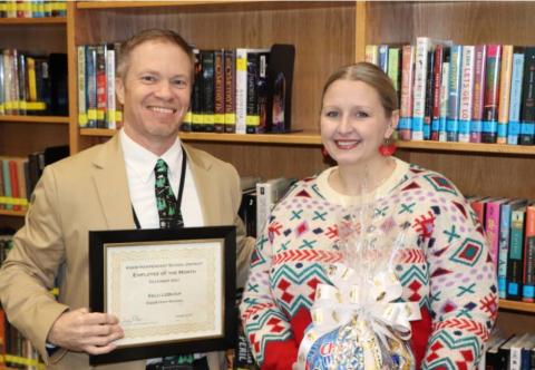 Dr. Jay Killgo, VISD Superintendent of Schools, recognized Vidor ISD's Employee of the Month, Ms. Kelli LeBeouf, art instructor at Vidor High School. VISD Courtesy Photo