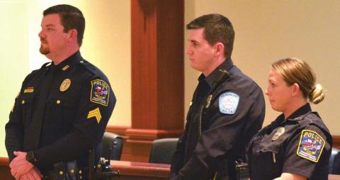 These three officers were honored with Lifesaving Awards Tuesday at Vidor City Hall for reviving a Vidor resident in December. Shown left to right are Sgt. Tom Meadows, Officer Dakota Gaines and Officer Brittany Haley. Photo by Randall Luker