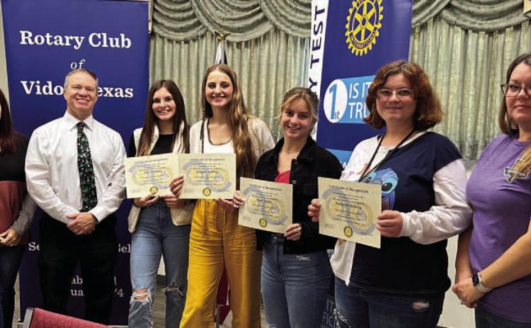 Rotary Club of Vidor Texas recognized the Vidor High School November Students of the Month at a luncheon today. Pictured are: Rotary President Angela Bryant, Vidor ISD Superintendent Dr. Jay Killgo, freshman Allie Williams, senior Reagan LaPray, junior Hope Dilley, sophomore Madalen Beasley, and Rotary President-Elect April Garcia.. Courtesy Photo VISD