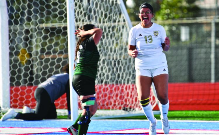 Dayana Mijes reacts after scoring a goal to put Vidor up 1-0 over Livingston.