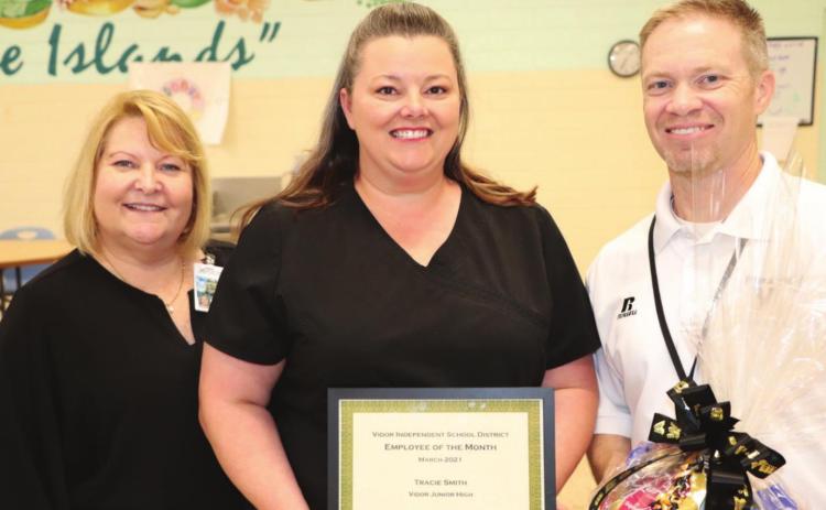 Tracie Smith, pictured with Director of Child Nutrition, Mary Ellen Vivrett and Dr. Jay Killgo, Superintendent of Schools