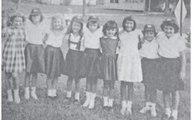Members of the newly organized G Y P S Y BLUE BIRDS are shown (l to r) Nancy Warner, Cathy Boden, Cynthia Hill, Melissa Kennon, Linda Parker, Linda Bailey, Rohnda Newton,, Bridget DodsoThe leader of the group (not shown) is Mrs. Earl Kennon. (September 17, 1963 issue)
